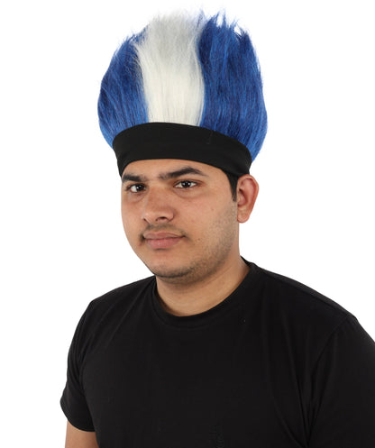 HPO Adult Men's Navy Blue and White Mohawk Wig | Spiky Upright Flame-retardant Synthetic Fiber Headband Design | Halloween Themed Party Football Fan Gear