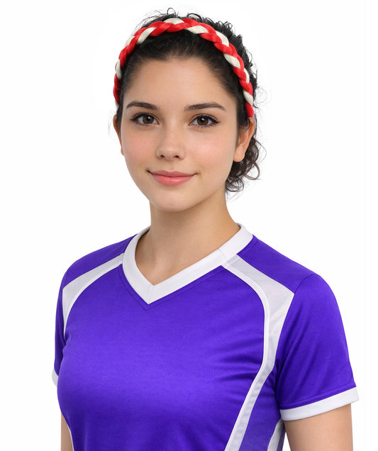 Adult Women's Multinational Braided Hairband | Textured red and white synthetic fibers woven into a twisted headband with elastic backing | Ideal for party, cosplay, theater, drag, performance, costume events