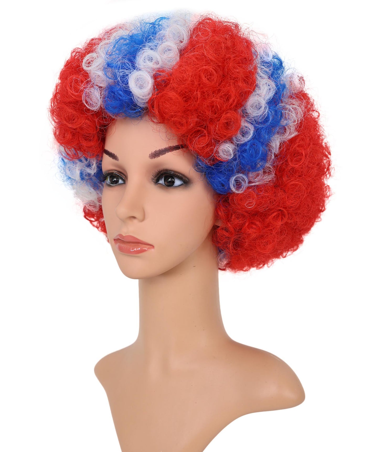 HPO Adult Norway Clown Wig – Red, White & Blue Flag Afro Style | Fun Costume Wig for Sports Fans, National Day, Parties