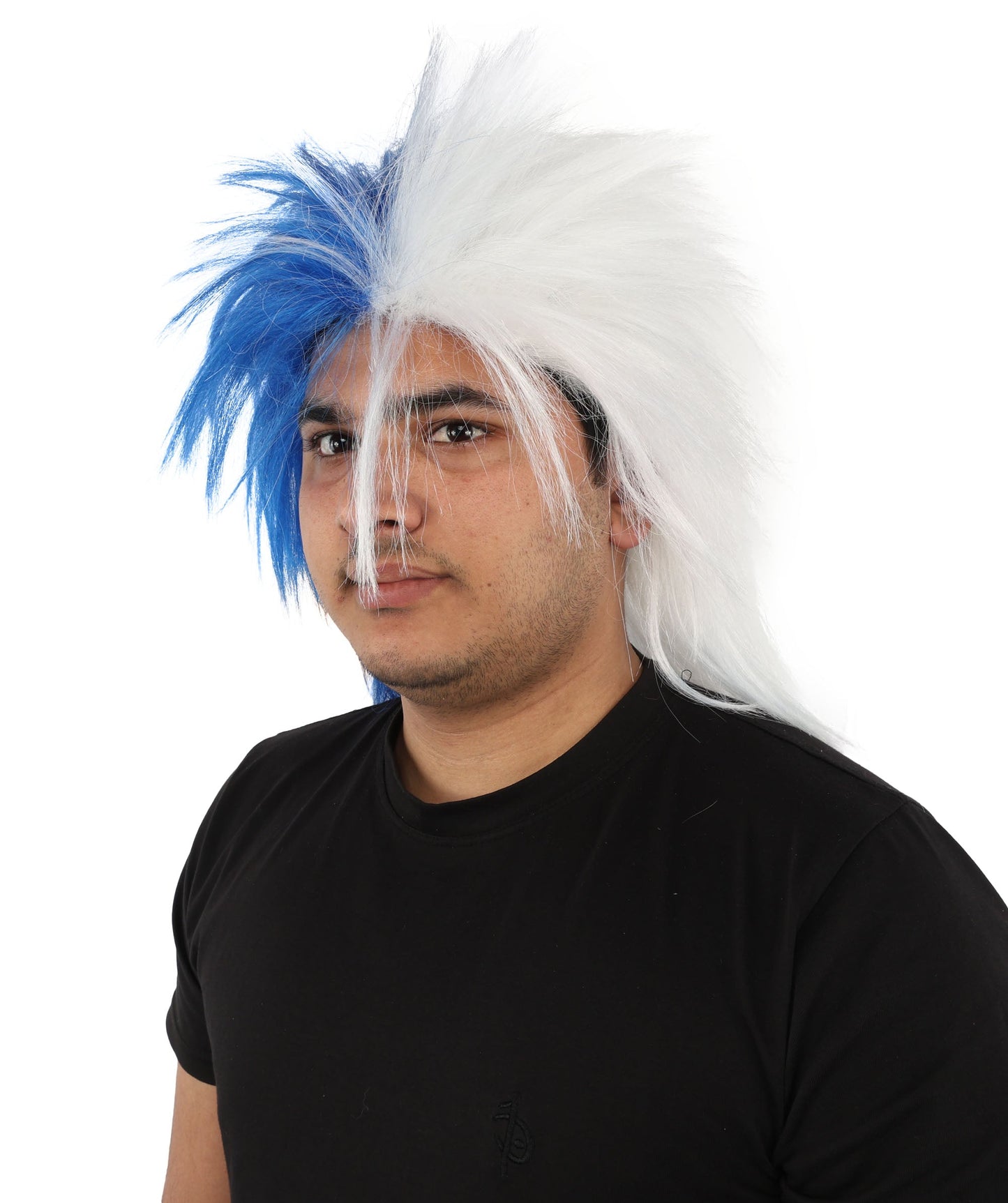 HPO Adult Two Tone Spirit Wig | Blue and White Messy Mullet Flame-retardant Synthetic Fiber | Halloween Themed Party Baseball Stadium Accessory