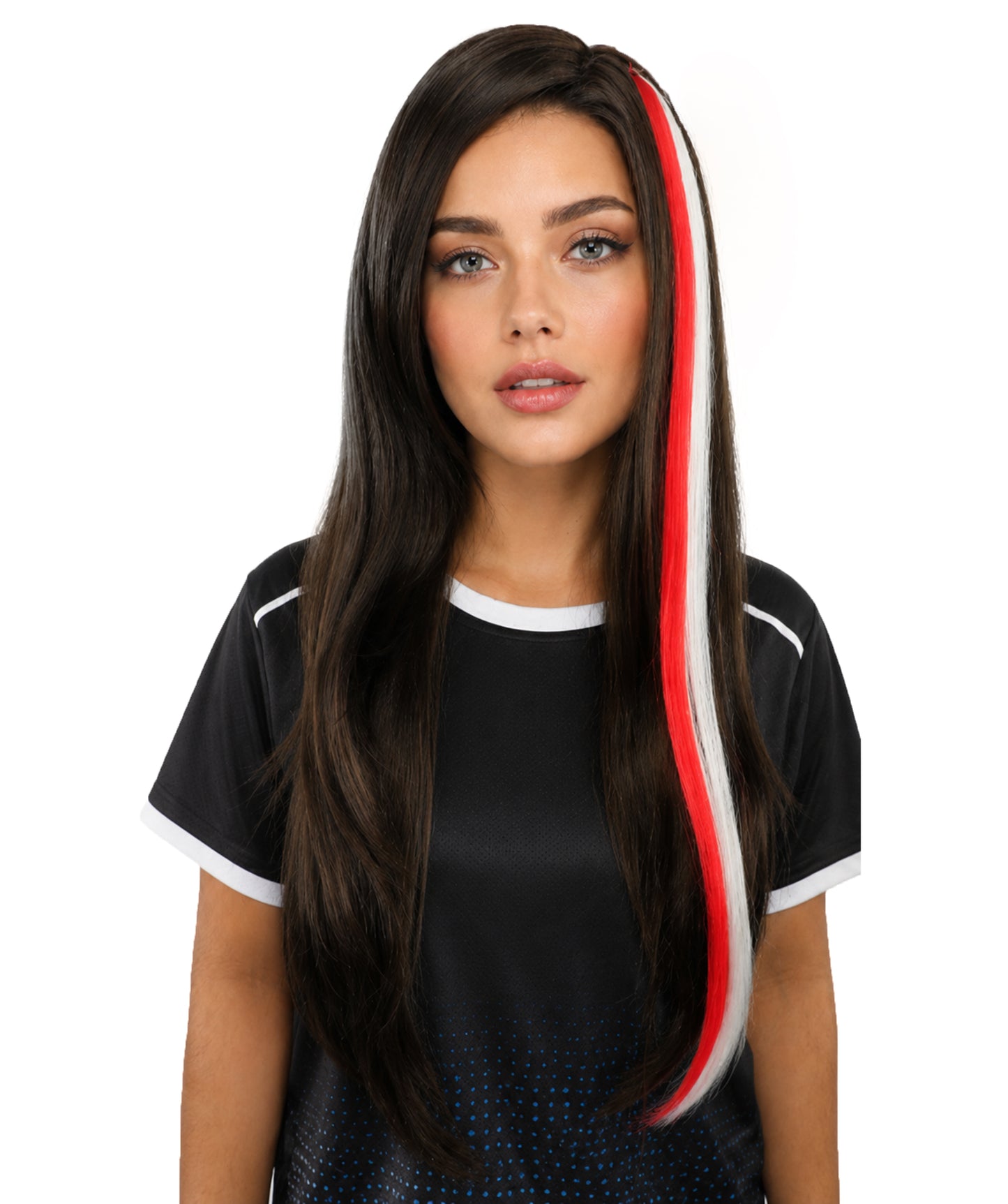 Adult Women's International Clip-in Hair Extension | Sleek straight red and white synthetic fibers featuring a secure snap attachment | Ideal for party, cosplay, theater, drag, performance, costume events