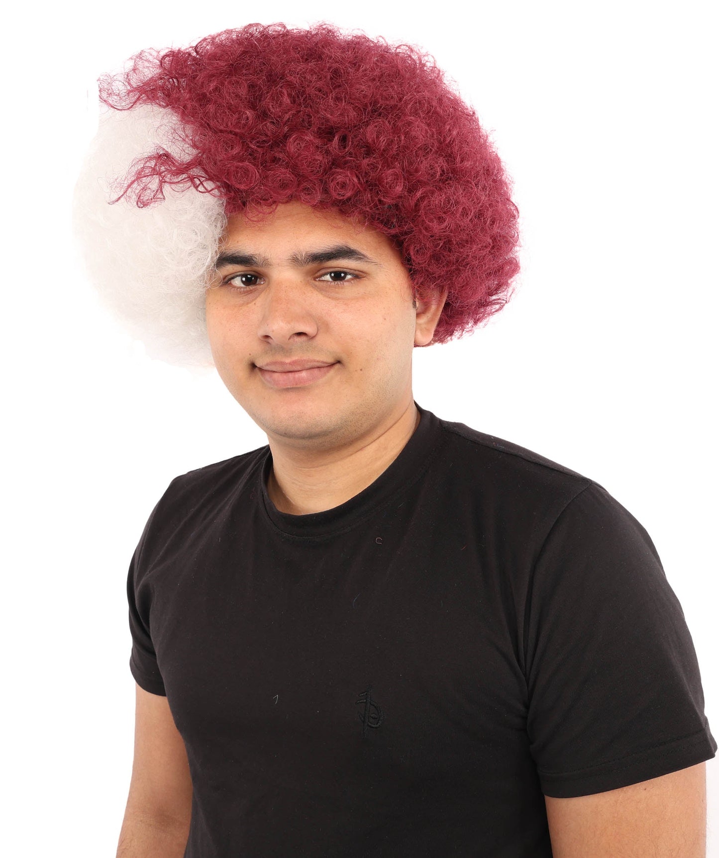 HPO Adult Unisex Qatar Flag-Inspired Curly Maroon & White Sport Clown Wig – Voluminous Curl with Standard Cap | National Colors for Sports, Festivals & Cosplay