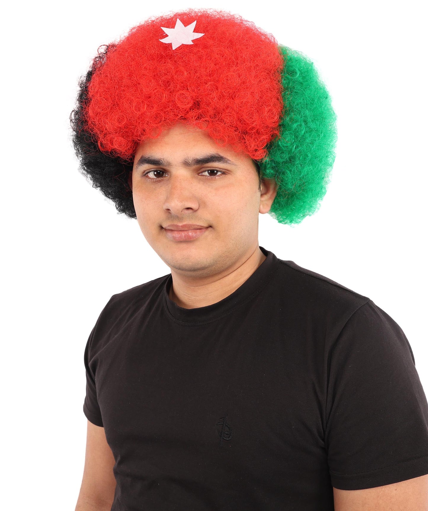 HPO Adult Unisex Jordan Flag Clown Wig – Curly Red, Black, and Green Sport Hairpiece | Ideal for  National Celebrations & Parties