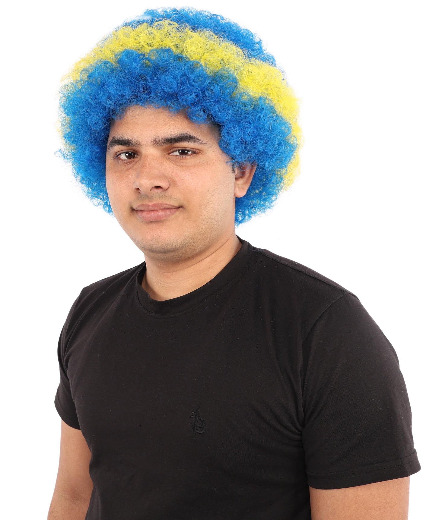 Curacao Flag Afro Wig | 11 Inch Blue Yellow Stripe White Stars Design | Sports Event National Holiday Parade Soccer Match Fan Gear