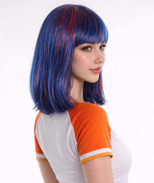 Bright Blue Bob with Blue Tinsel | Sparkly Celebrity Halloween Wig | Premium Capless Cap
