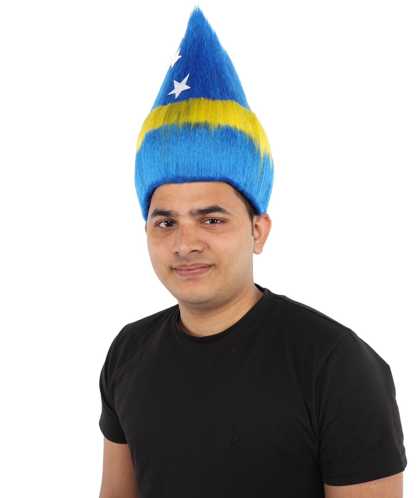 HPO Adult Unisex Curacao Flag Multicolor Troll Wig | 15 Inch Upright Spiked Texture Breathable Fit | Sports Event National Holiday Parade Soccer Match Fan Gear