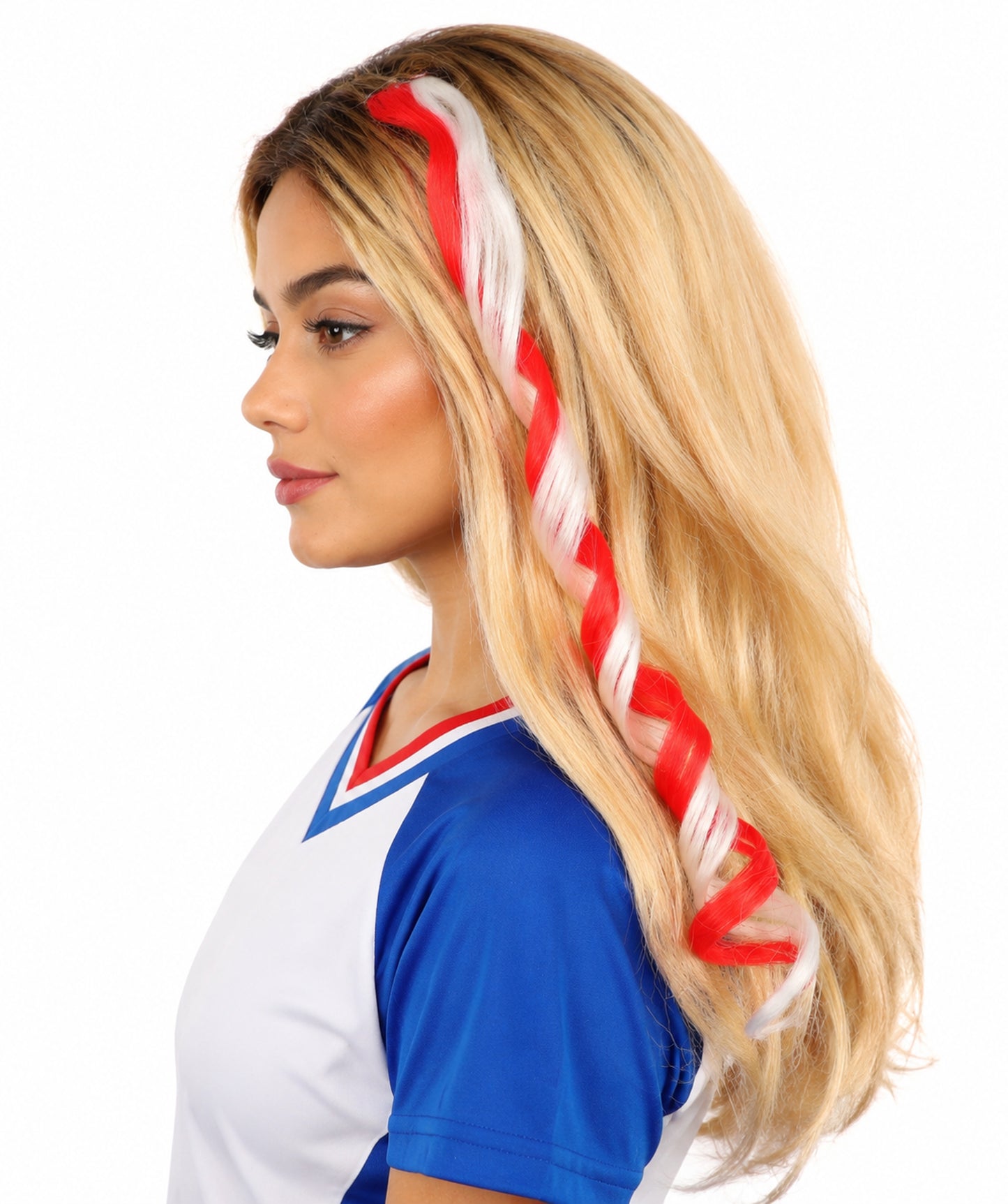 Adult Women's International Curly Hair Extension | Coiled red and white synthetic fibers featuring a twisted attachment design | Ideal for party, Halloween, cosplay, theater, drag, performance, costume events
