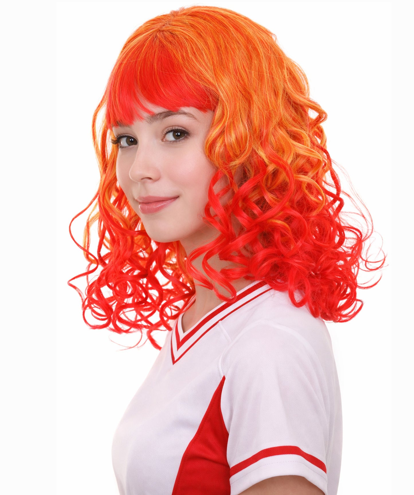 Womens Red and Yellow Two Tone Long Wavy Wig | Party Ready Fancy Cosplay Halloween Wig | Premium Breathable Capless Cap
