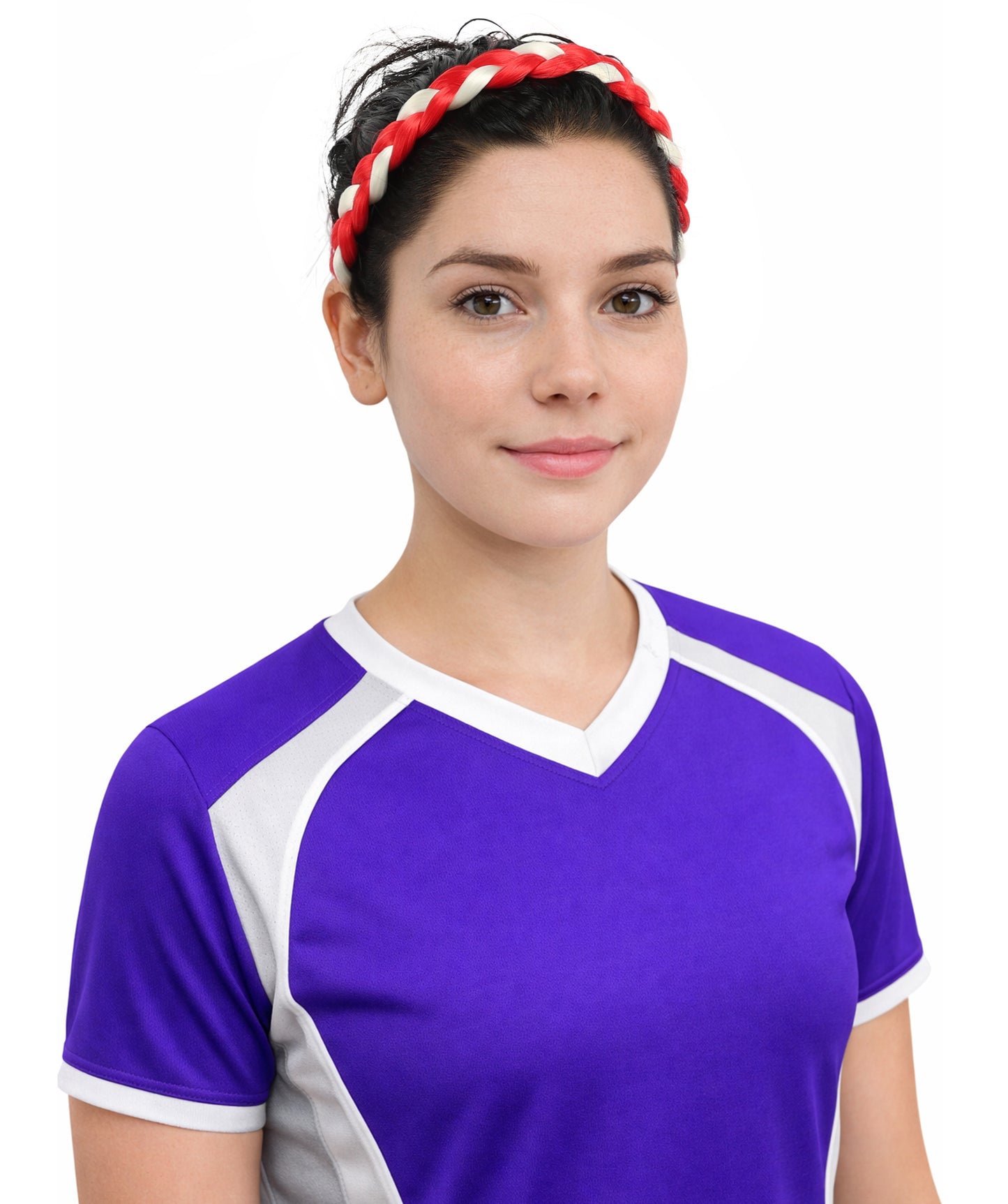 Adult Women's Multinational Braided Hairband | Textured red and white synthetic fibers woven into a twisted headband with elastic backing | Ideal for party, cosplay, theater, drag, performance, costume events