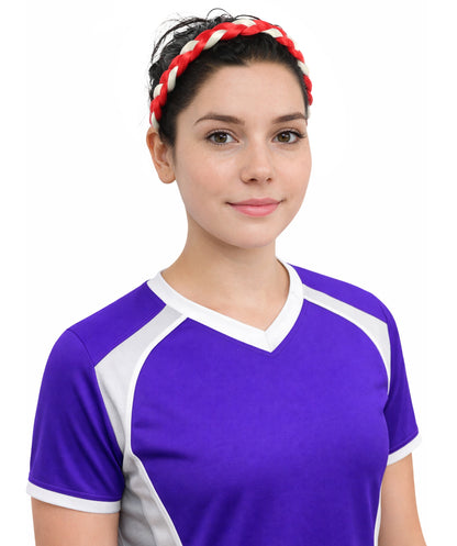 Adult Women's Multinational Braided Hairband | Textured red and white synthetic fibers woven into a twisted headband with elastic backing | Ideal for party, cosplay, theater, drag, performance, costume events