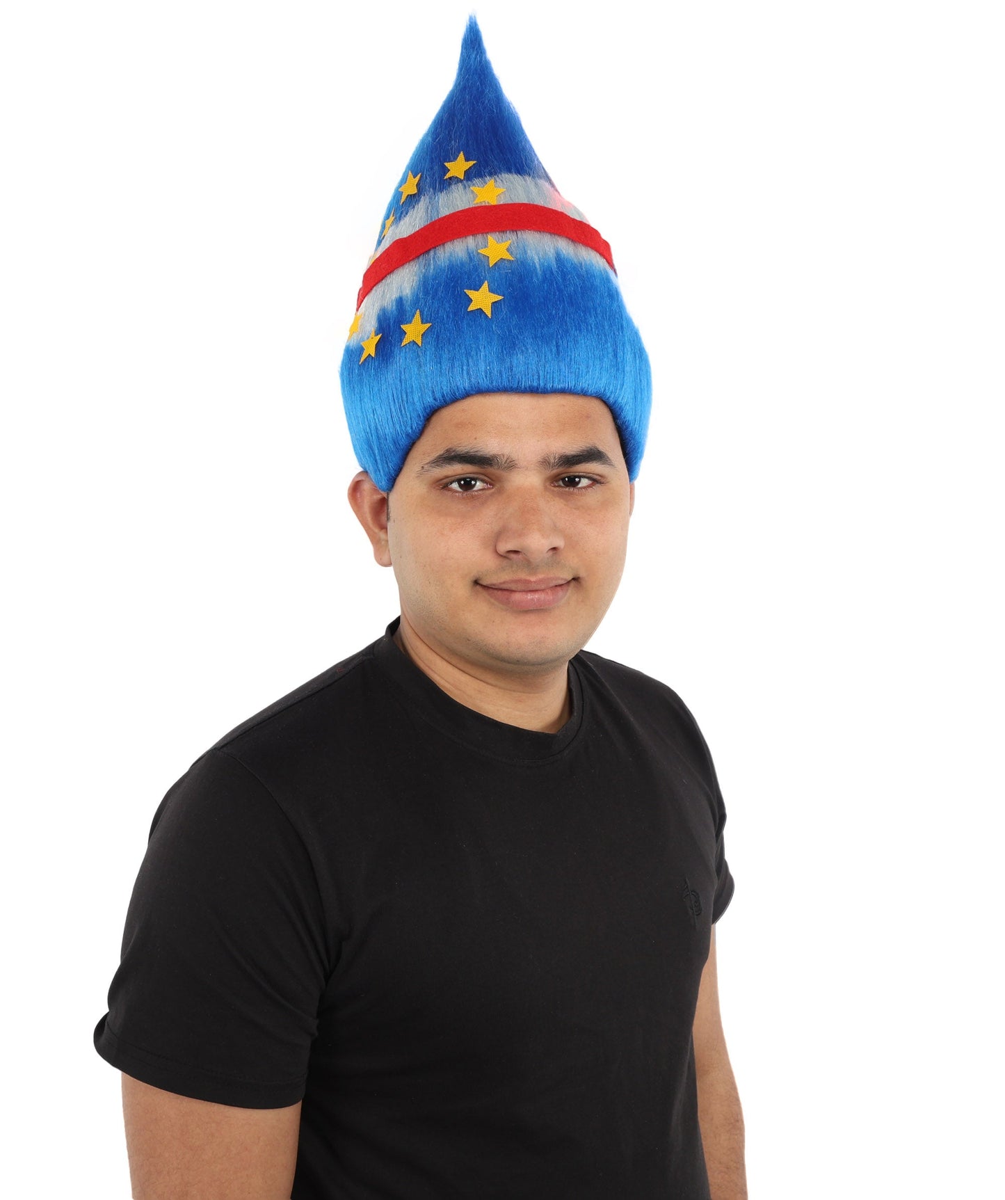 HPO Adult Unisex Cabo Verde Sports Troll Wig – Spiky Fan Wig in National Colors for Patriotic Events and Football Matches | Synthetic Fiber Headpiece with Capless Cap