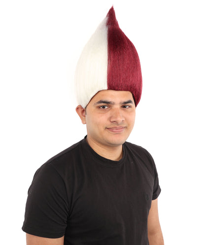 HPO Adult Unisex Qatar Flag-Inspired Maroon & White Sport Troll Wig Troll Wig – Spiky Synthetic Hair with Capless Cap | Ideal for Sports, Cosplay, and National Events