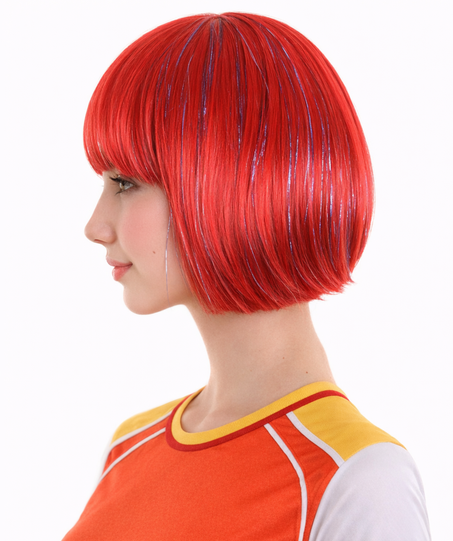 Bright Red Bob with Tinsel | Sparkly Celebrity Halloween Wig  | Premium Breathable Capless Cap