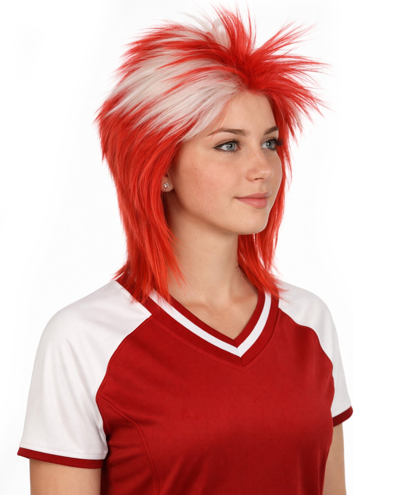 Denmark Flag 80's Mullet Red and White Wig