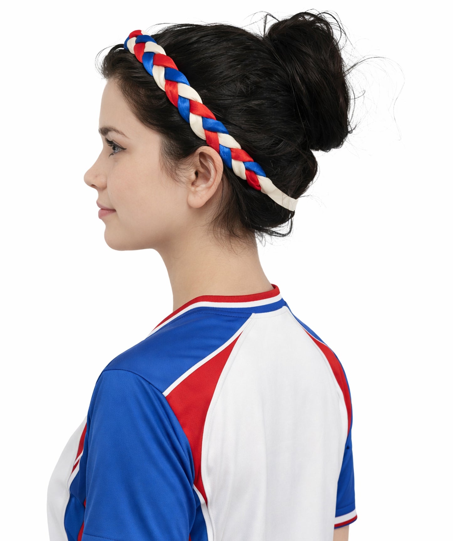 Adult Women's Multinational Braided Hairband | Textured red, white, and blue synthetic fibers woven into a twisted headband with elastic backing | Ideal for party, Halloween, cosplay, theater, drag, performance, costume events