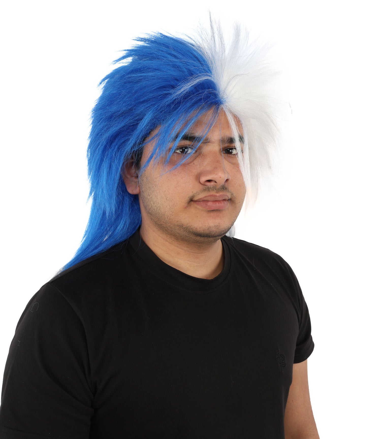 HPO Adult Two Tone Spirit Wig | Blue and White Messy Mullet Flame-retardant Synthetic Fiber | Halloween Themed Party Baseball Stadium Accessory