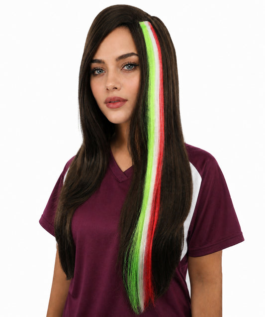 Adult Women's Clip-in Hair Extension | Sleek straight green, white and red synthetic fibers featuring a secure snap attachment | Ideal for party, cosplay, theater, drag, performance, costume events