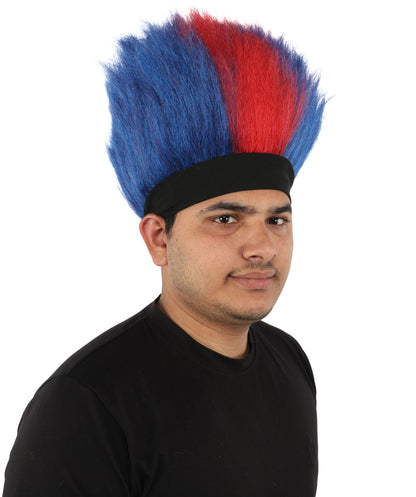 HPO Adult Men's Red and Blue Mohawk Wig | Tall Spiky Texture Flame-retardant Synthetic Fiber Headband Design | Halloween Themed Party Championship Parade Accessory