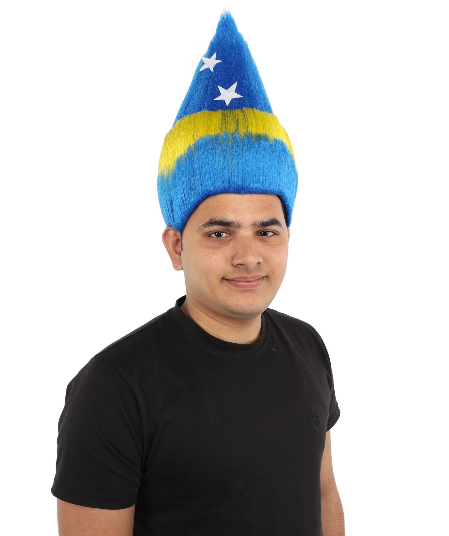 HPO Adult Unisex Curacao Flag Multicolor Troll Wig | 15 Inch Upright Spiked Texture Breathable Fit | Sports Event National Holiday Parade Soccer Match Fan Gear