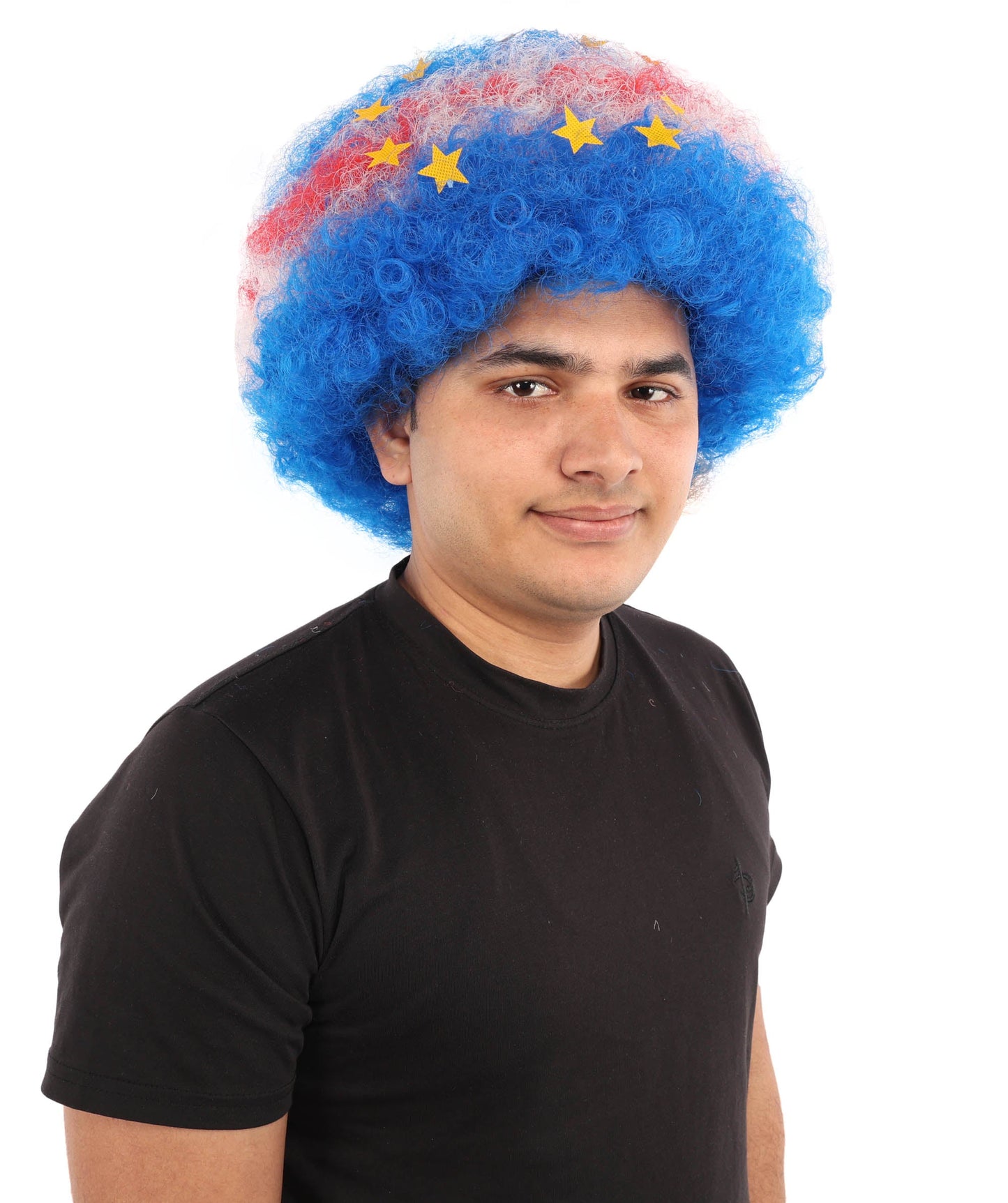 HPO Adult Unisex Cabo Verde Sports Clown Wig – Curly Flag-Themed Wig for Football Fans & Parades  | Synthetic Fiber Headpiece with Standard Cap