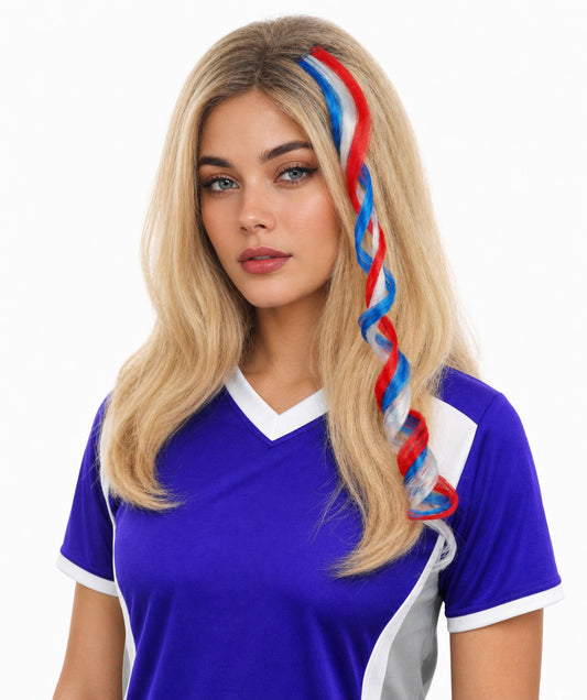 Adult Women's International Curly Hair Extension | Coiled red, white, and blue synthetic fibers featuring a twisted attachment design | Ideal for party, cosplay, theater, drag, performance, costume events