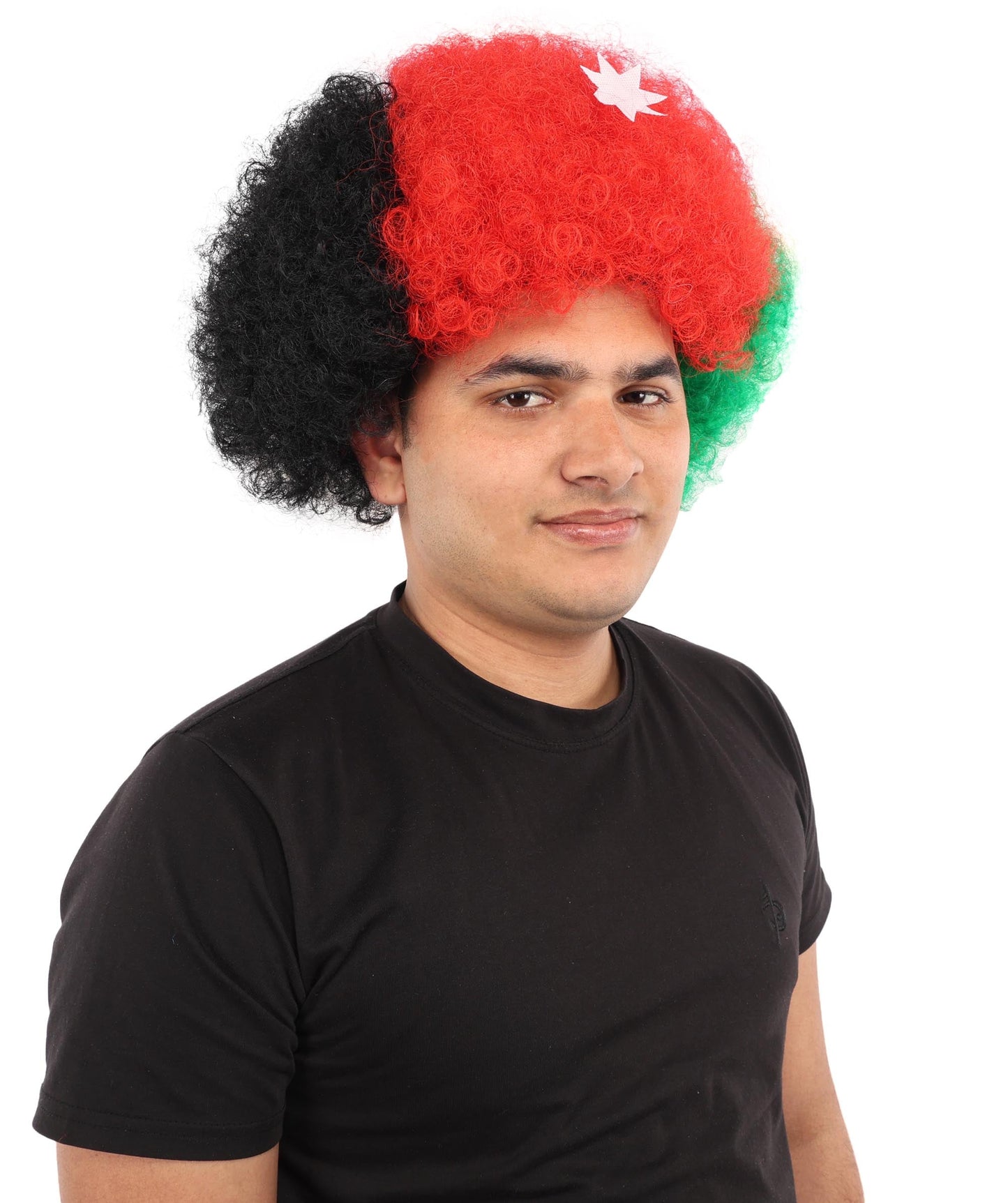 HPO Adult Unisex Jordan Flag Clown Wig – Curly Red, Black, and Green Sport Hairpiece | Ideal for  National Celebrations & Parties