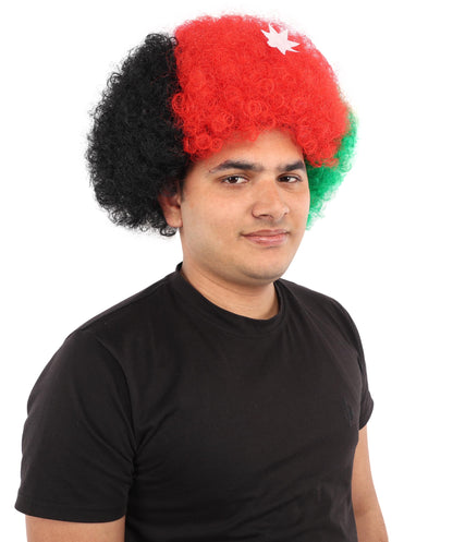 HPO Adult Unisex Jordan Flag Clown Wig – Curly Red, Black, and Green Sport Hairpiece | Ideal for  National Celebrations & Parties