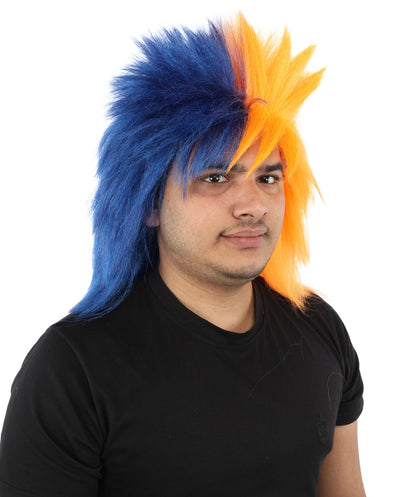 HPO Adult Navy Blue and Orange Sports Wig | Split Color Spiky Shag Style Flame-retardant Synthetic Fiber | Halloween Themed Party American Football Fan Gear
