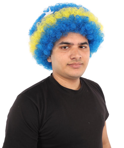 Curacao Flag Afro Wig | 11 Inch Blue Yellow Stripe White Stars Design | Sports Event National Holiday Parade Soccer Match Fan Gear