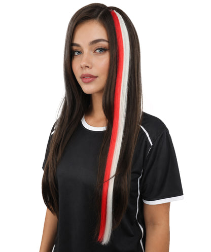 Adult Women's International Clip-in Hair Extension | Sleek straight red and white synthetic fibers featuring a secure snap attachment | Ideal for party, cosplay, theater, drag, performance, costume events