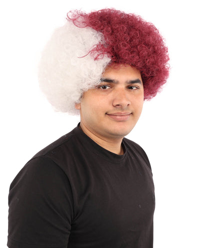 HPO Adult Unisex Qatar Flag-Inspired Curly Maroon & White Sport Clown Wig – Voluminous Curl with Standard Cap | National Colors for Sports, Festivals & Cosplay