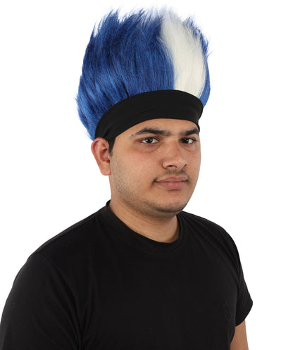 HPO Adult Men's Navy Blue and White Mohawk Wig | Spiky Upright Flame-retardant Synthetic Fiber Headband Design | Halloween Themed Party Football Fan Gear