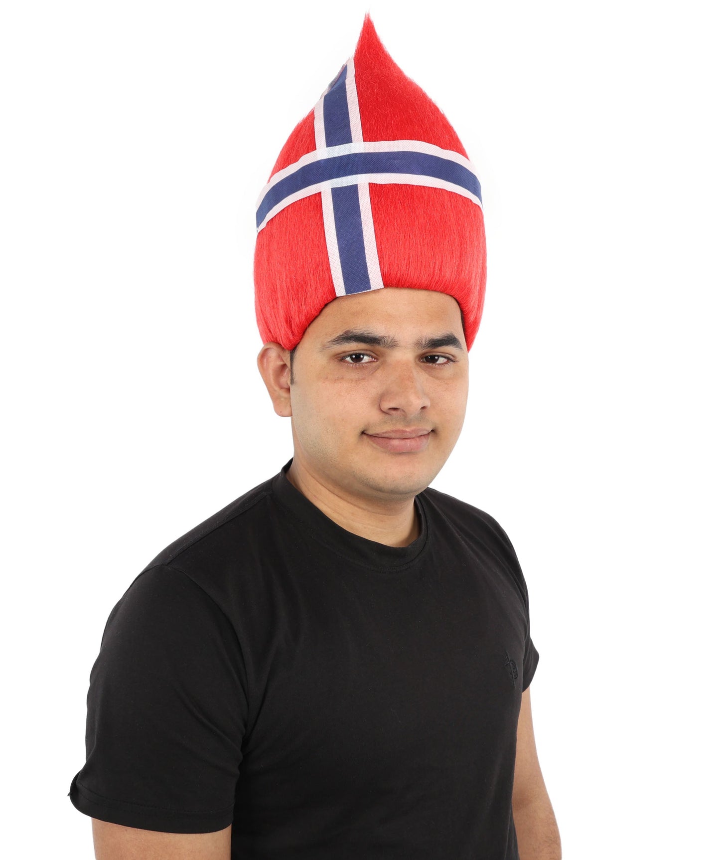 HPO Adult Unisex Norway Flag Troll Wig – Red White Navy Spiky Hair with Capless Cap | Fan Wig for Sports Events, National Celebrations & Parties
