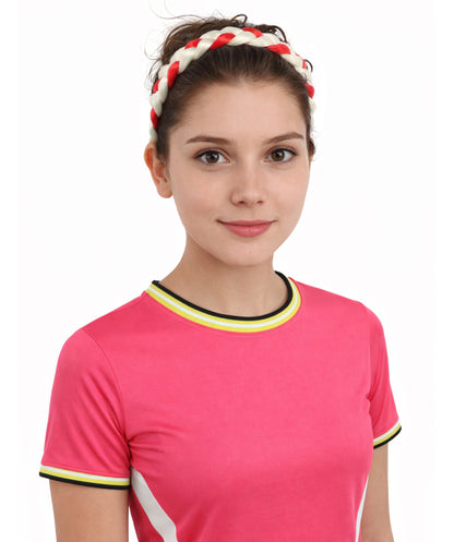 Adult Women's International Braided Headband | Textured red and white synthetic fibers woven into a twisted headband with an elastic back | Ideal for party, Halloween, cosplay, theater, drag, performance, costume events