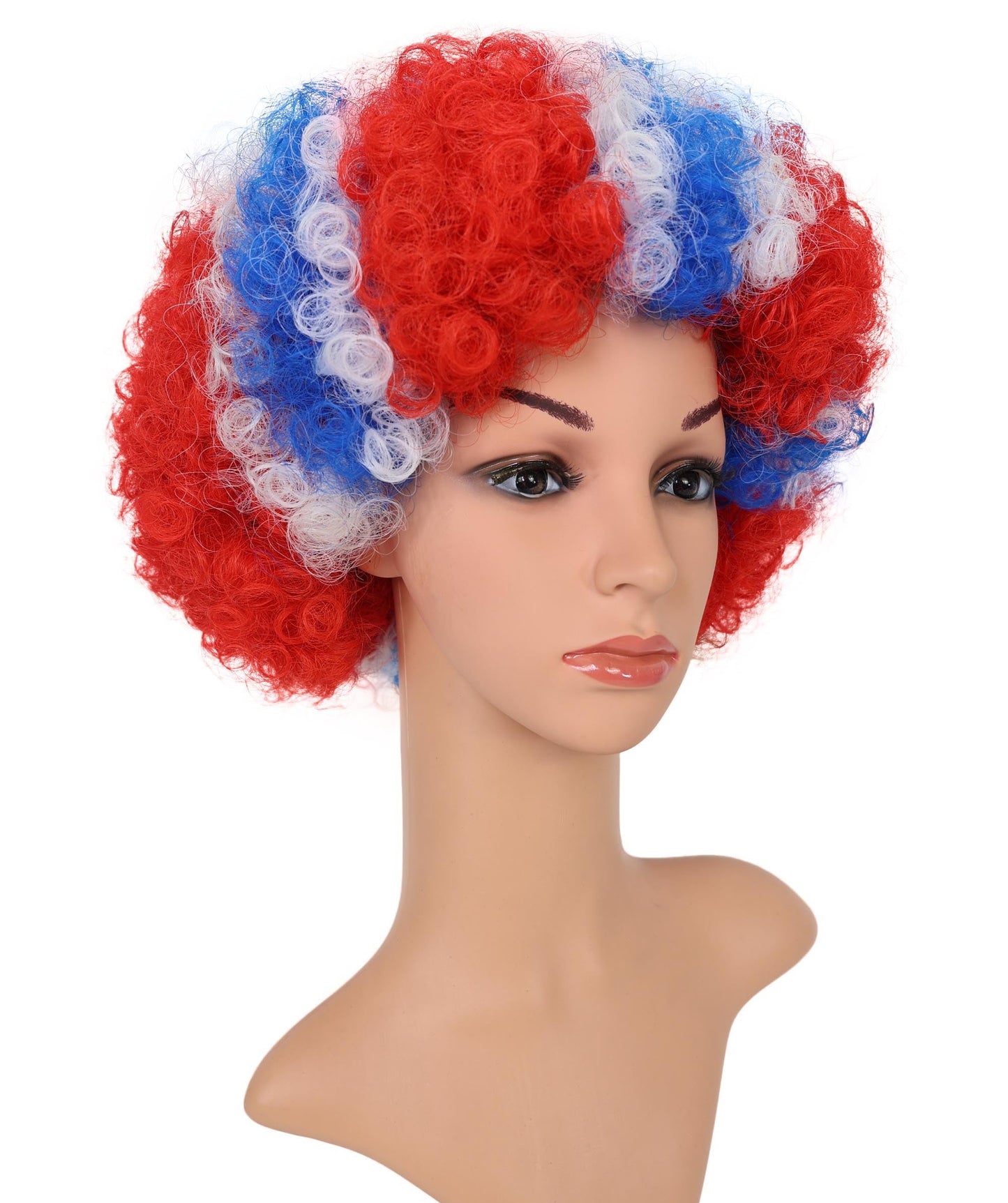 HPO Adult Norway Clown Wig – Red, White & Blue Flag Afro Style | Fun Costume Wig for Sports Fans, National Day, Parties