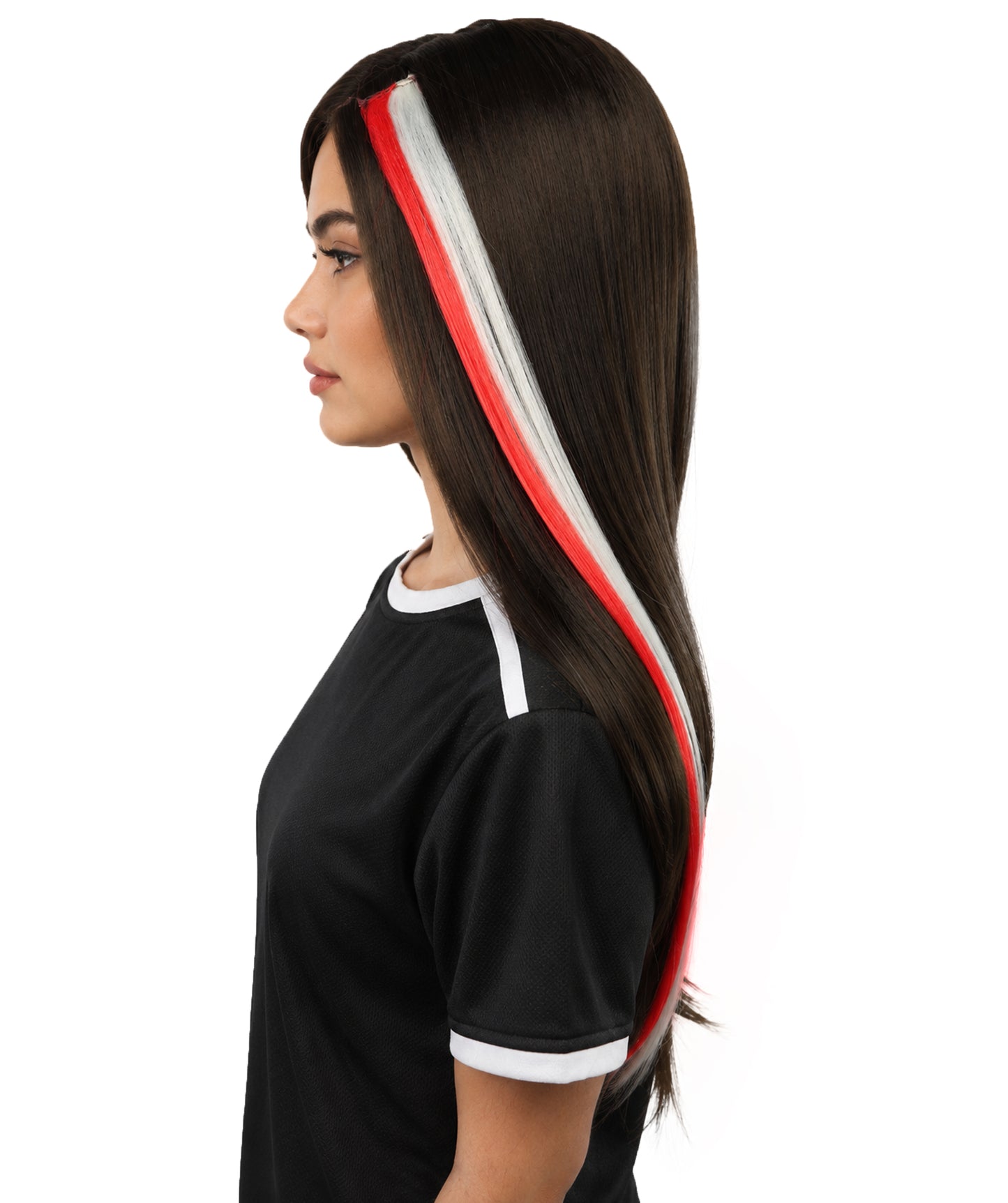 Adult Women's International Clip-in Hair Extension | Sleek straight red and white synthetic fibers featuring a secure snap attachment | Ideal for party, cosplay, theater, drag, performance, costume events