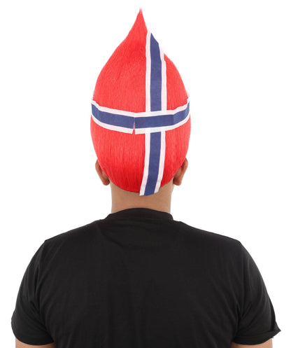 HPO Adult Unisex Norway Flag Troll Wig – Red White Navy Spiky Hair with Capless Cap | Fan Wig for Sports Events, National Celebrations & Parties