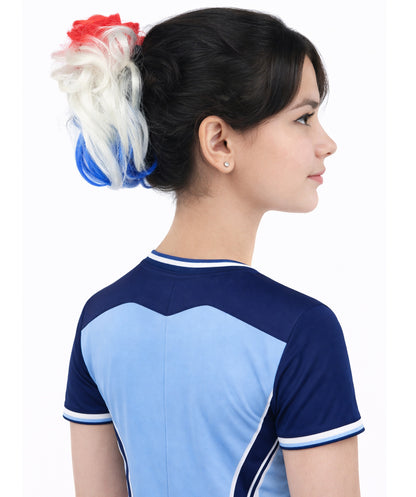 Women's Patriotic Flag Hair Scrunchie | Multilayered synthetic hair texture with round elastic construction | Ideal for party,  cosplay, theater, drag, performance, costume events