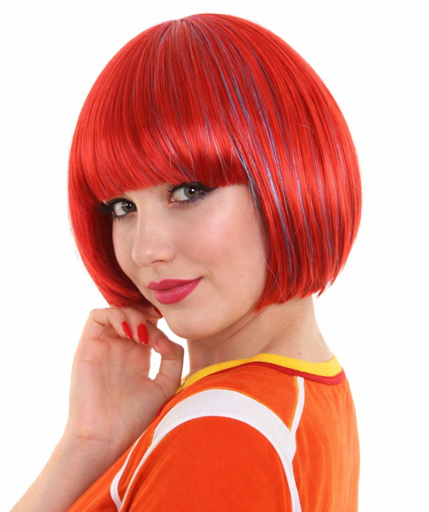 Bright Red Bob with Tinsel | Sparkly Celebrity Halloween Wig  | Premium Breathable Capless Cap