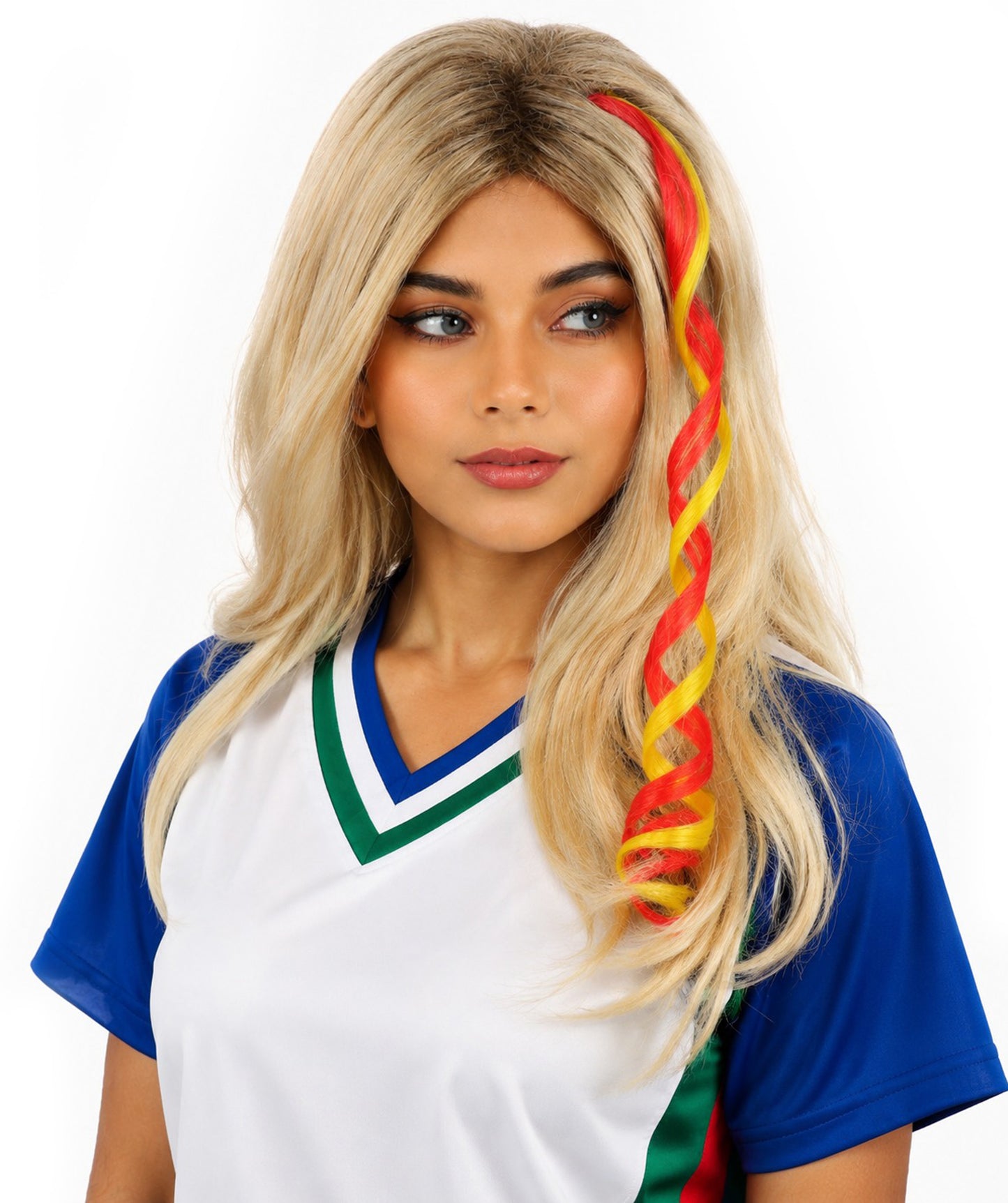 Adult Women's Spain Flag Hair Extension | Coiled red and yellow synthetic fibers featuring a twisted attachment design | Ideal for party,cosplay, theater, drag, performance, costume events