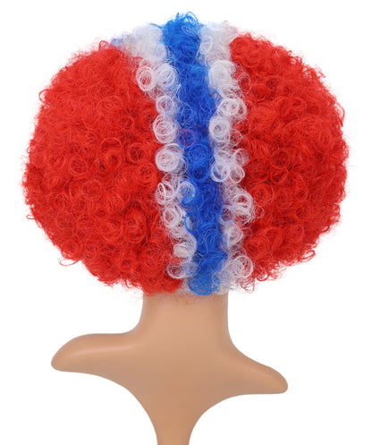 HPO Adult Norway Clown Wig – Red, White & Blue Flag Afro Style | Fun Costume Wig for Sports Fans, National Day, Parties