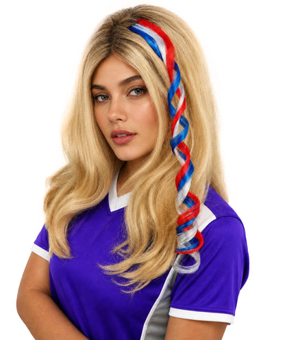 Adult Women's International Curly Hair Extension | Coiled red, white, and blue synthetic fibers featuring a twisted attachment design | Ideal for party, cosplay, theater, drag, performance, costume events