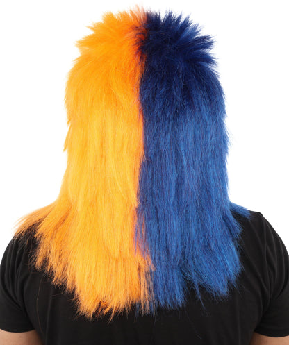 HPO Adult Navy Blue and Orange Sports Wig | Split Color Spiky Shag Style Flame-retardant Synthetic Fiber | Halloween Themed Party American Football Fan Gear