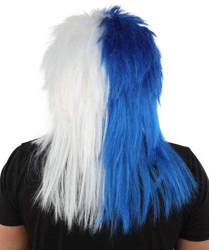 HPO Adult Two Tone Spirit Wig | Blue and White Messy Mullet Flame-retardant Synthetic Fiber | Halloween Themed Party Baseball Stadium Accessory