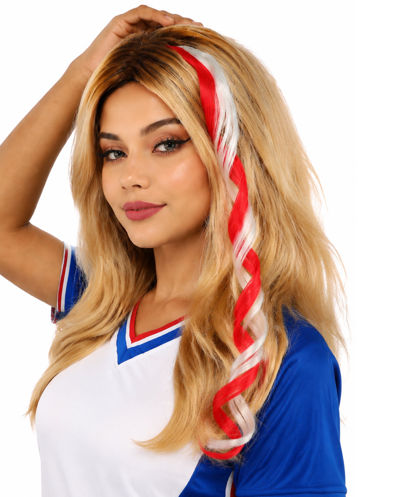 Adult Women's International Curly Hair Extension | Coiled red and white synthetic fibers featuring a twisted attachment design | Ideal for party, Halloween, cosplay, theater, drag, performance, costume events