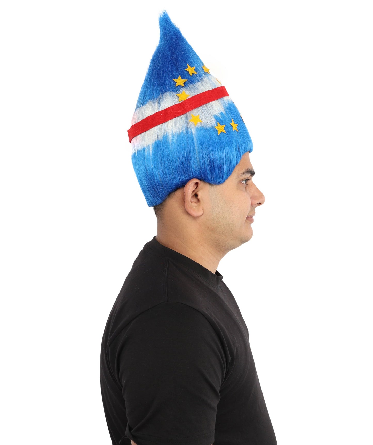 HPO Adult Unisex Cabo Verde Sports Troll Wig – Spiky Fan Wig in National Colors for Patriotic Events and Football Matches | Synthetic Fiber Headpiece with Capless Cap
