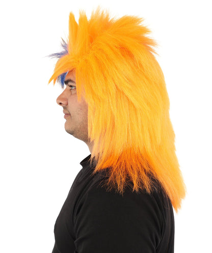 HPO Adult Navy Blue and Orange Sports Wig | Split Color Spiky Shag Style Flame-retardant Synthetic Fiber | Halloween Themed Party American Football Fan Gear