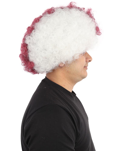 HPO Adult Unisex Qatar Flag-Inspired Curly Maroon & White Sport Clown Wig – Voluminous Curl with Standard Cap | National Colors for Sports, Festivals & Cosplay
