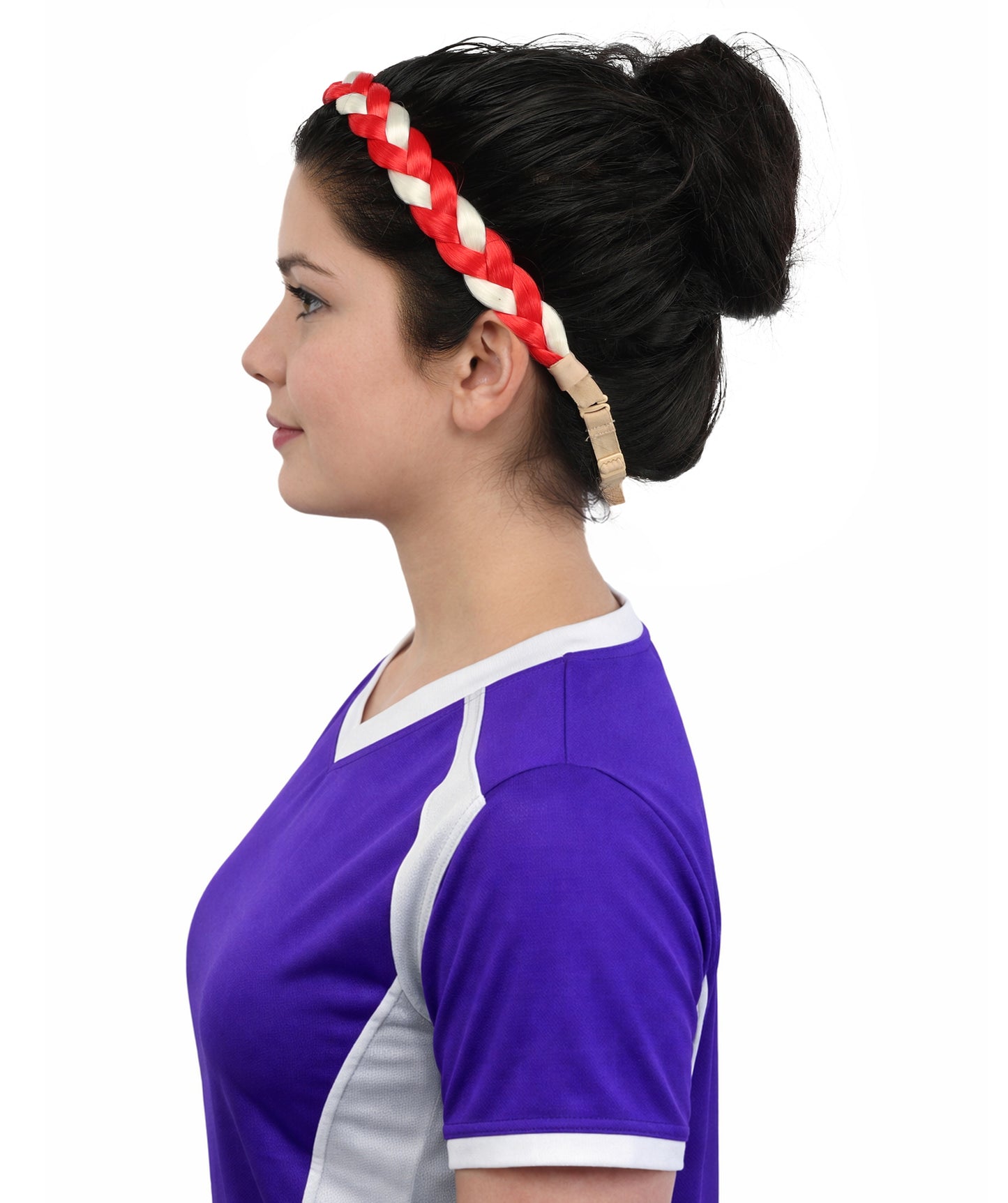 Adult Women's Multinational Braided Hairband | Textured red and white synthetic fibers woven into a twisted headband with elastic backing | Ideal for party, cosplay, theater, drag, performance, costume events
