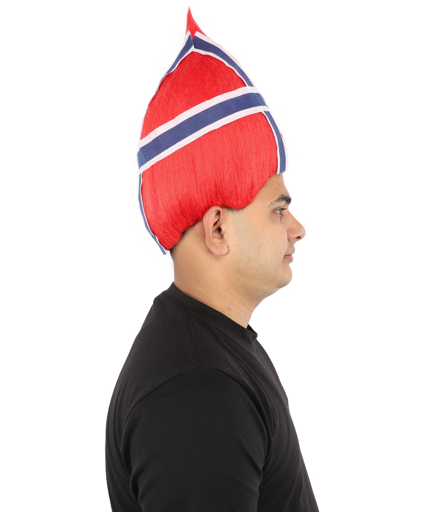 HPO Adult Unisex Norway Flag Troll Wig – Red White Navy Spiky Hair with Capless Cap | Fan Wig for Sports Events, National Celebrations & Parties